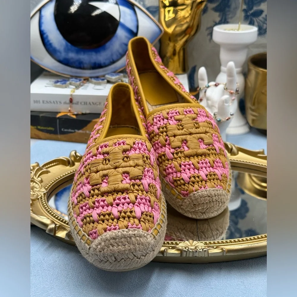 🆕 TORY BURCH 🧿 NWOB Eleanor Crochet Woven Espadrilles, Pink Carnation - Sz 7